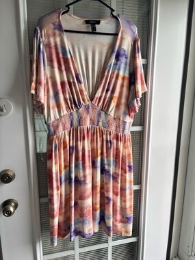 Forever 21 Cream Dress with Pink, Purple & Orange Watercolor Print
